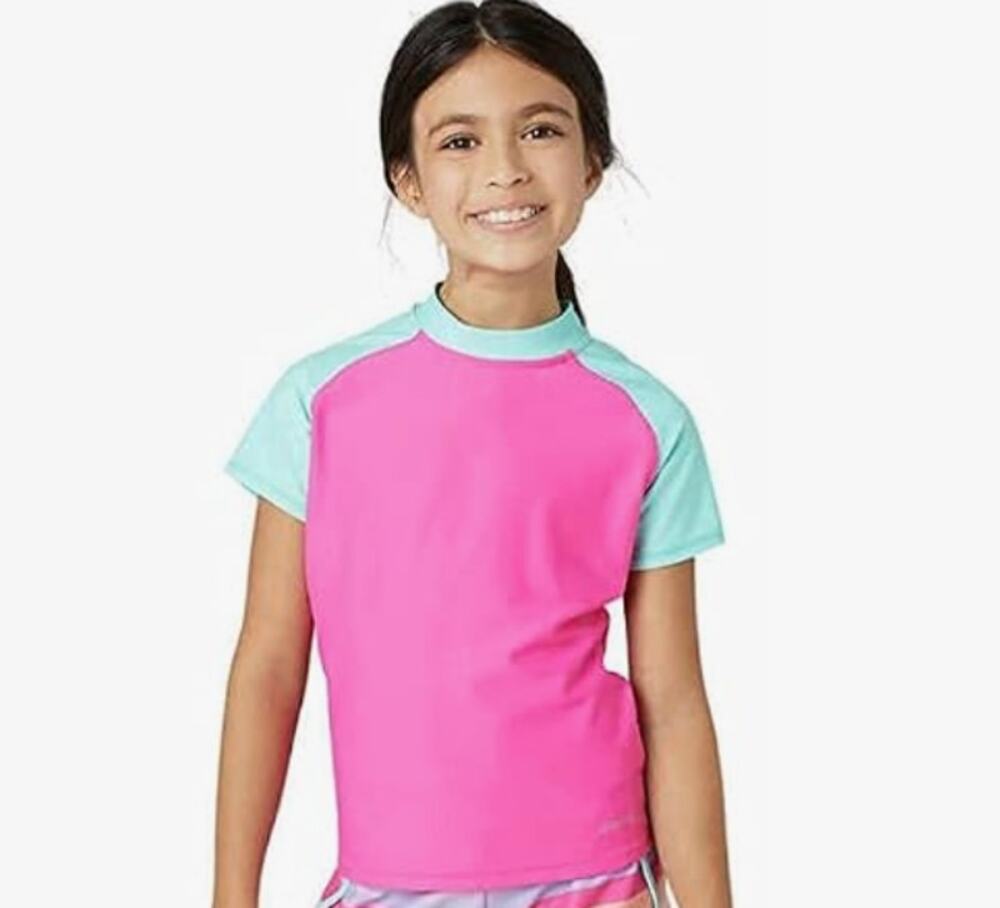 Eddie Bauer Kids Hot Pink Blue Short Sleeve Rash Guard Youth Large 14 / 16